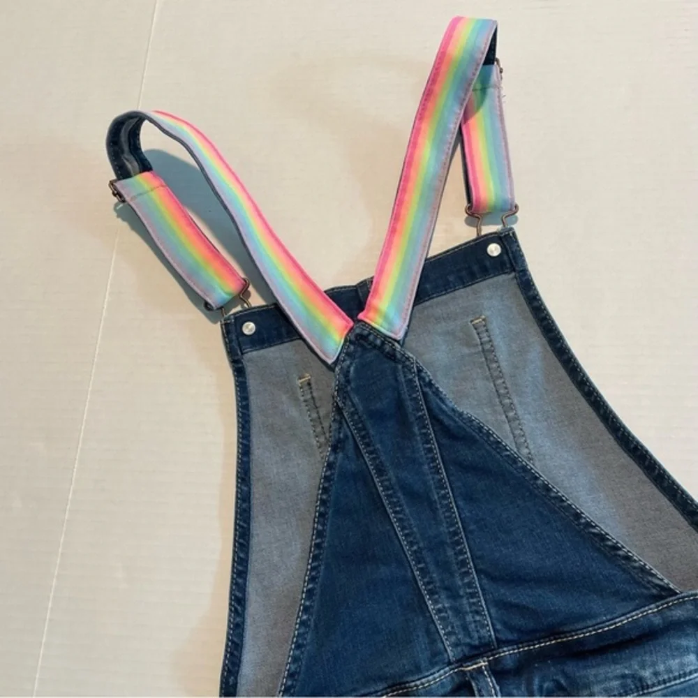 Justice Blue Denim Shortalls Multicolor straps Big Girl Size 18/ Fit Women’s S/M